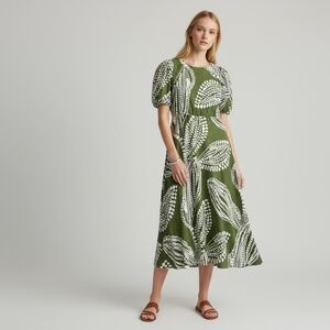Aveloria Green Puff Sleeve Printed A-Line Midi Dress Women’s L